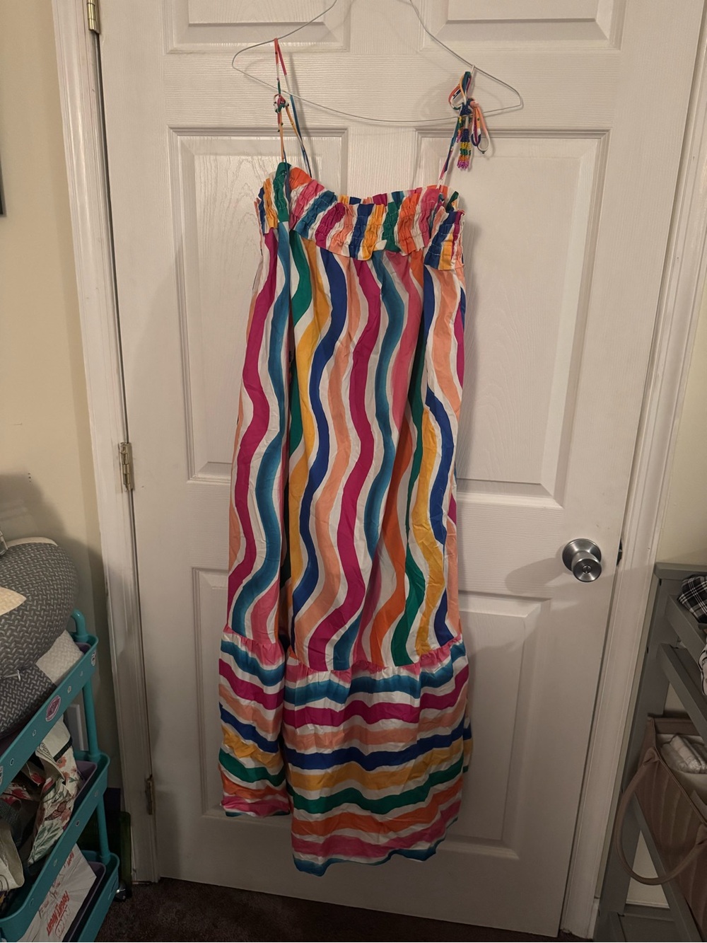 FARM Rio Multicolor Wavy-Stripe Midi Dress in Pink, Blue, Yellow & Green